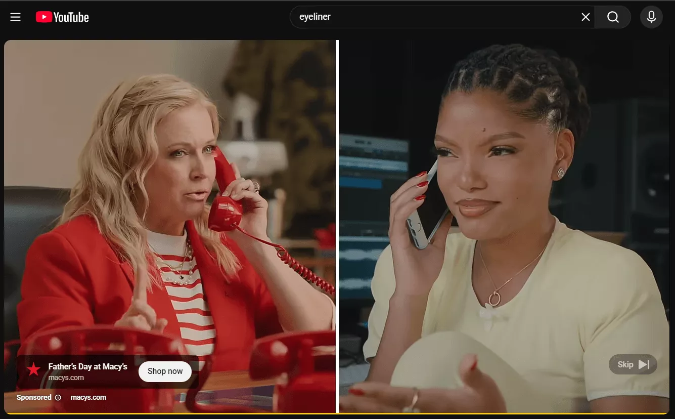 Testimonial advertising: Split-screen YouTube ad: On the left, a blonde woman in a red jacket talks on a red phone; on the right, a woman with braided hair in a yellow top smiles while holding a phone. Fathers Day at Macys ad banner is visible.