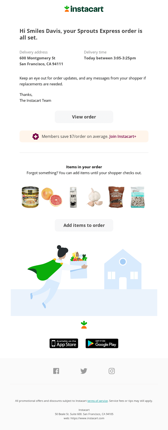 Digital marketing platforms: An Instacart order confirmation email showing delivery details, potential substitutions, savings with Instacart+, items ordered (cereal, milk, cookies), and app download links. Illustrations of groceries and a house are included.