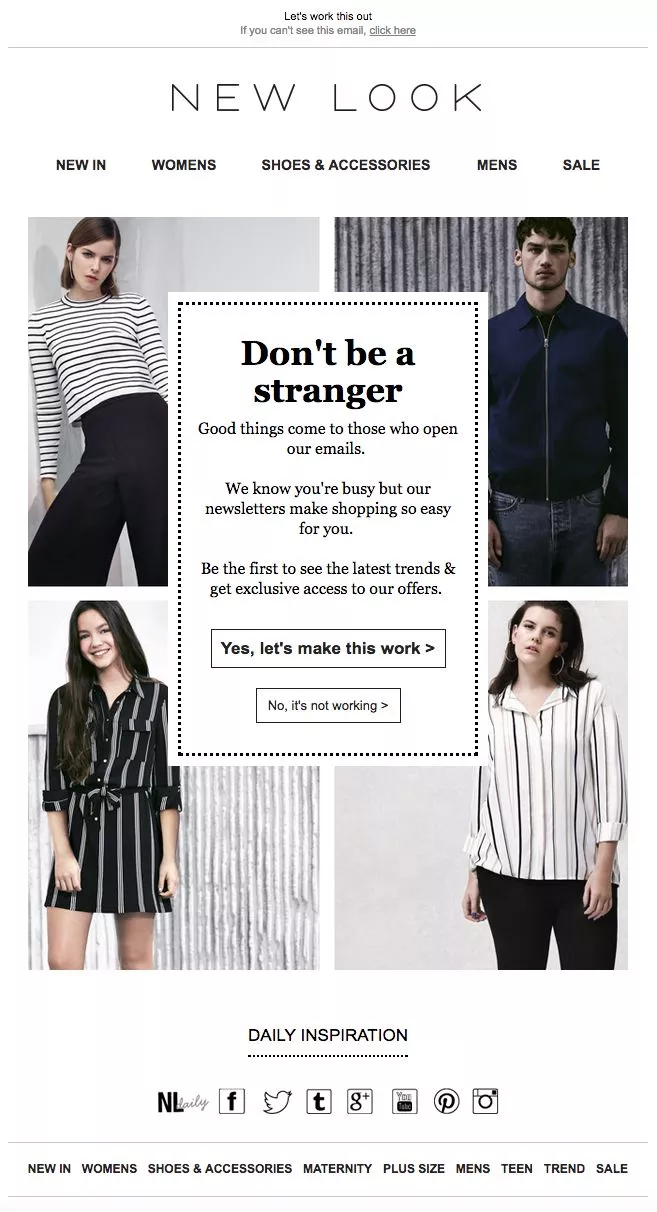 Funny email examples: Four models wearing New Look clothing pose in a grid layout. The center features a message encouraging users to subscribe to emails for fashion trends and offers. Menu options and brand logo appear at the top and bottom.