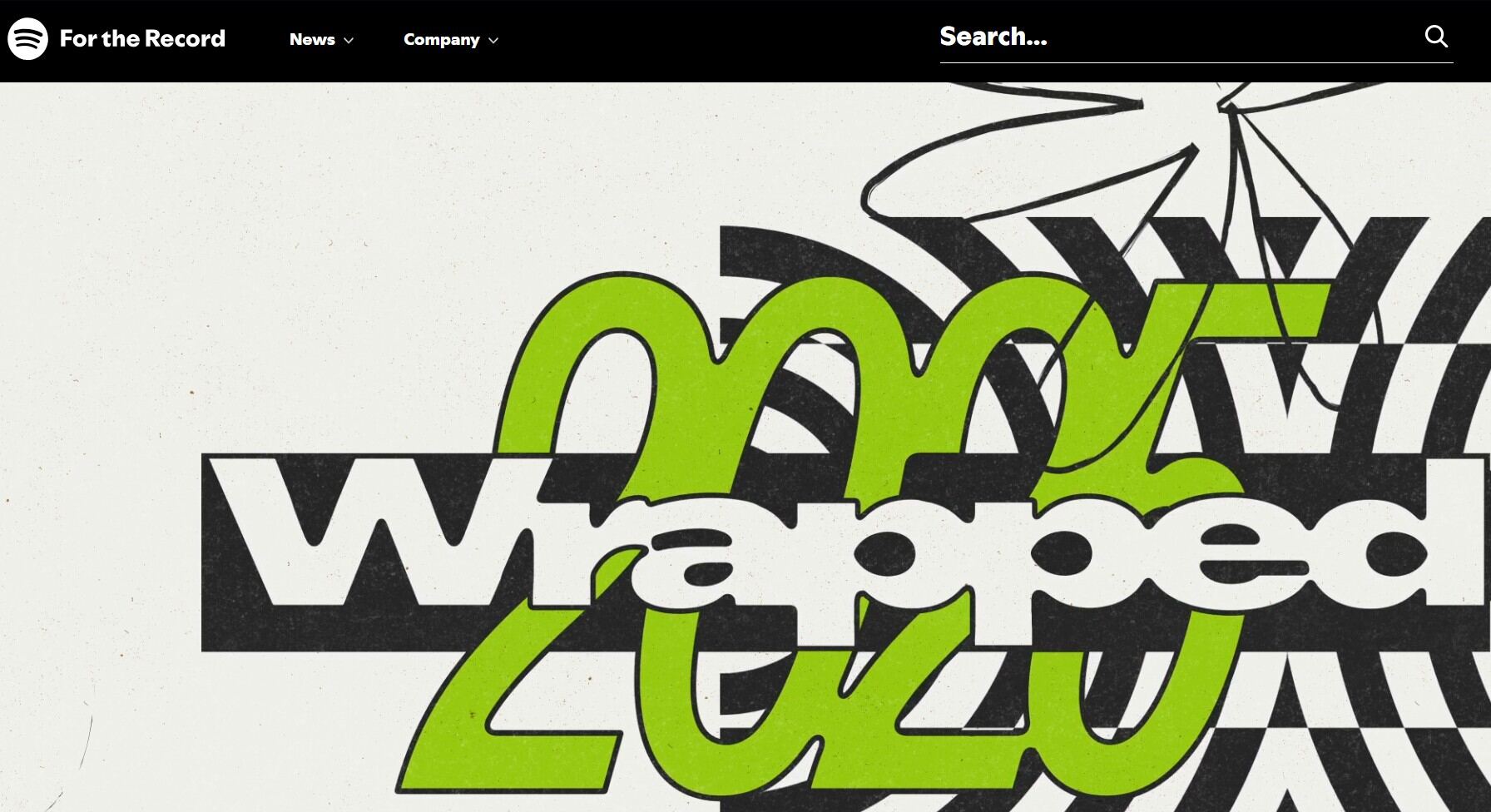 Guerilla marketing: Abstract graphic with “Wrapped 2023” in bold green and white text over a black and white patterned background. The Spotify logo and navigation bar are at the top of the image.