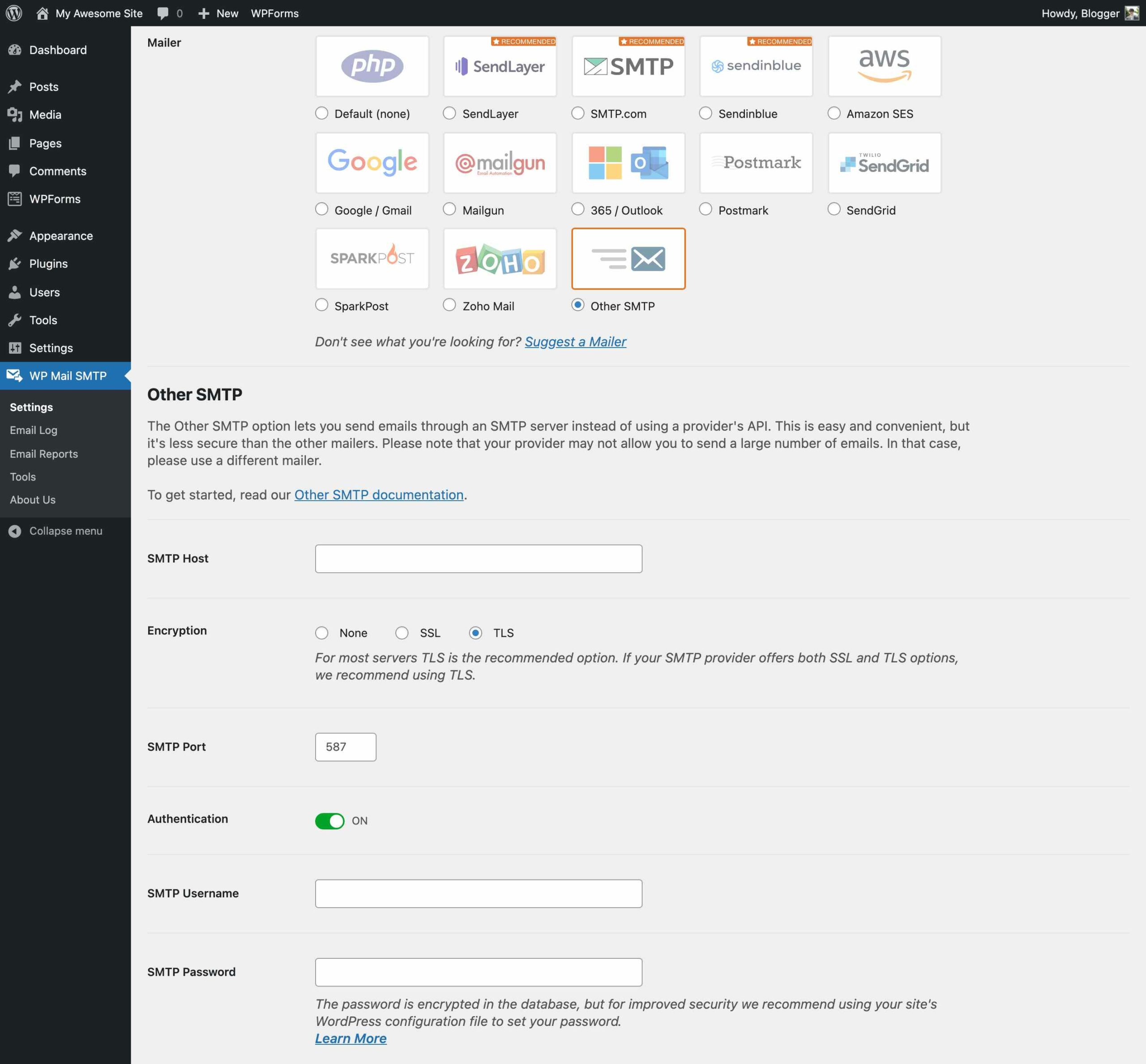 WooCommerce order confirmation email: WordPress admin dashboard shows the WP Mail SMTP plugin settings, highlighting various email provider options and SMTP configuration fields such as host, encryption, port, username, and password for custom setup.