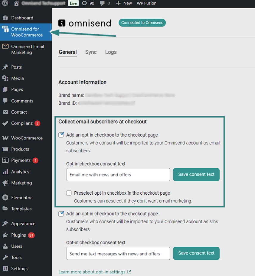WooCommerce vs. Shopify: A WordPress dashboard shows the Omnisend for WooCommerce plugin settings, with options to collect email subscribers at checkout by adding consent checkboxes and custom text for marketing communication.