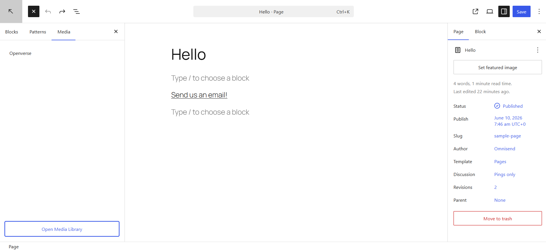 Link to an email in WordPress: Screenshot of a WordPress page editor showing the creation of a page titled “Hello.” There are options to add blocks, set a featured image, view page details, and a sidebar with publishing and menu options.
