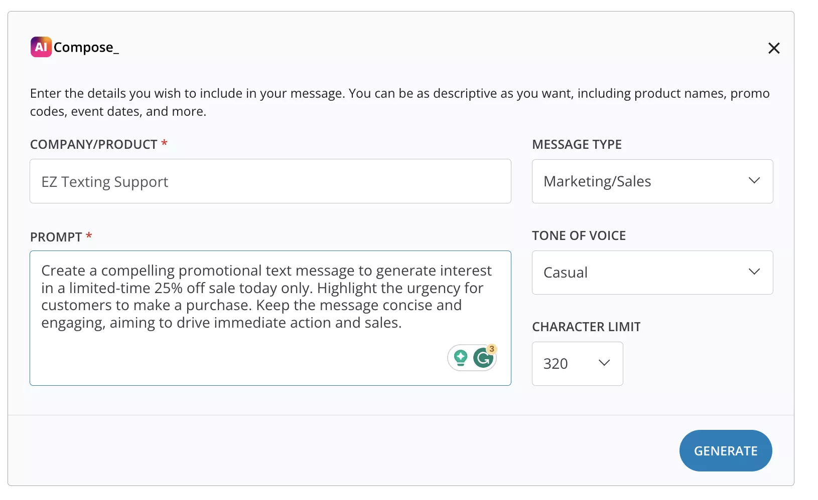 SMS lead generation: Screenshot of a text message generation tool. Fields include company/product name, message type, prompt, tone of voice, and character limit. A sample promotional text prompt is filled in, and a blue Generate button is at the bottom right.