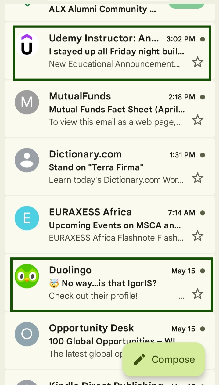 Improve email deliverability: A smartphone email inbox showing messages from Udemy, MutualFunds, Dictionary.com, EURAXESS Africa, Duolingo, and Opportunity Desk. Two emails, from Udemy and Duolingo, are highlighted with green boxes.