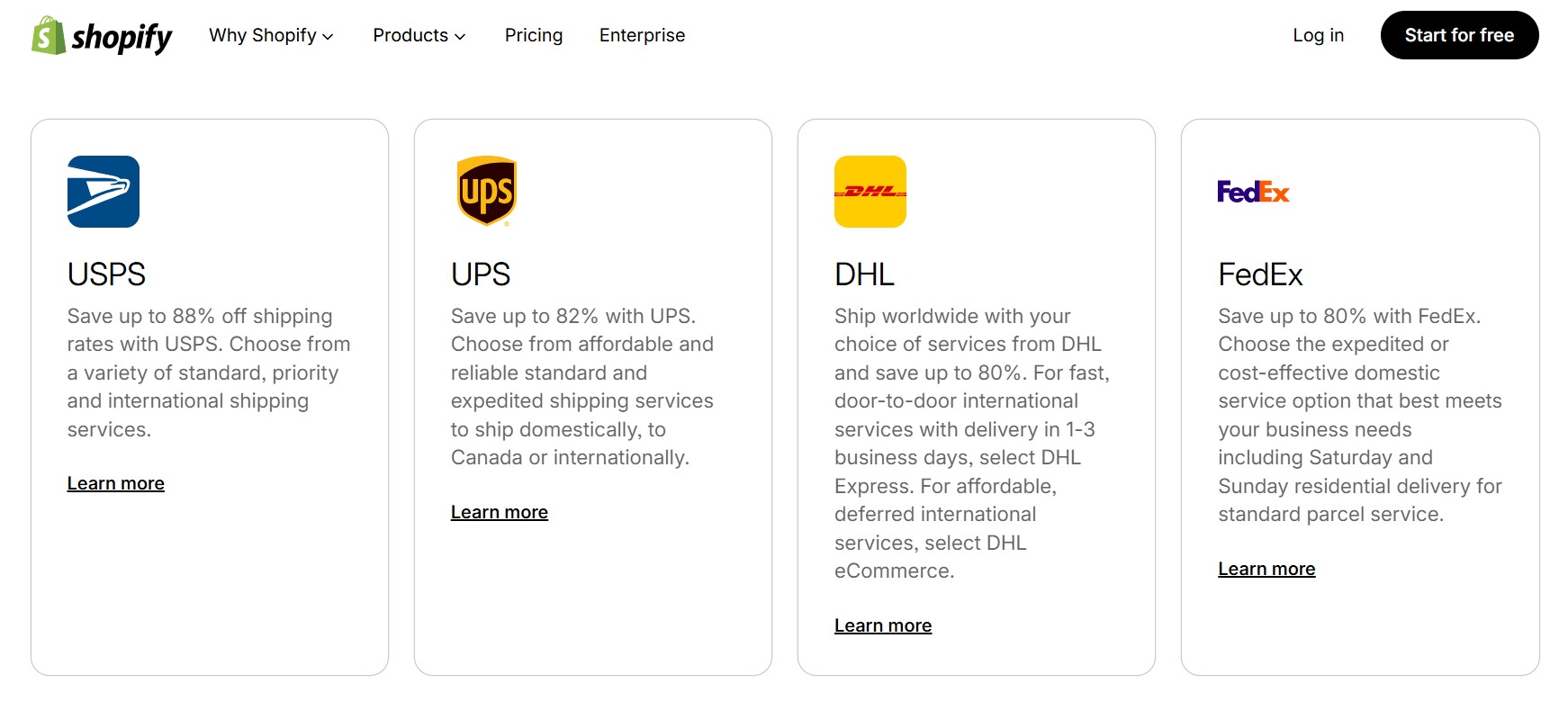 WooCommerce vs. Shopify: Four shipping options on Shopify—USPS, UPS, DHL, and FedEx—each with their logos and brief descriptions highlighting discounted shipping rates and international or domestic delivery services. Learn more links are below each option.