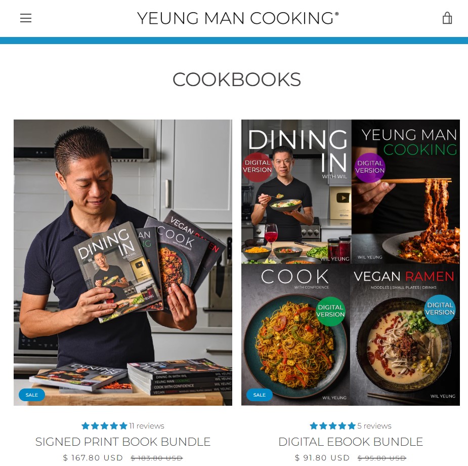 How to make money on Shopify: A man in a kitchen holds three cookbooks titled Dining In, surrounded by promotional images for print and digital cookbook bundles, with prices and star ratings displayed below each bundle.