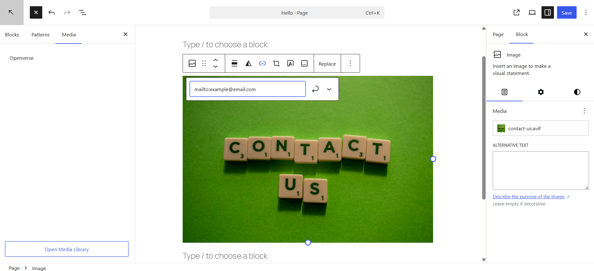 Link to an email in WordPress: A website editing interface shows an image being added. The image features Scrabble tiles spelling “CONTACT US” on a green background. The media details and alternative text input are visible on the right sidebar.