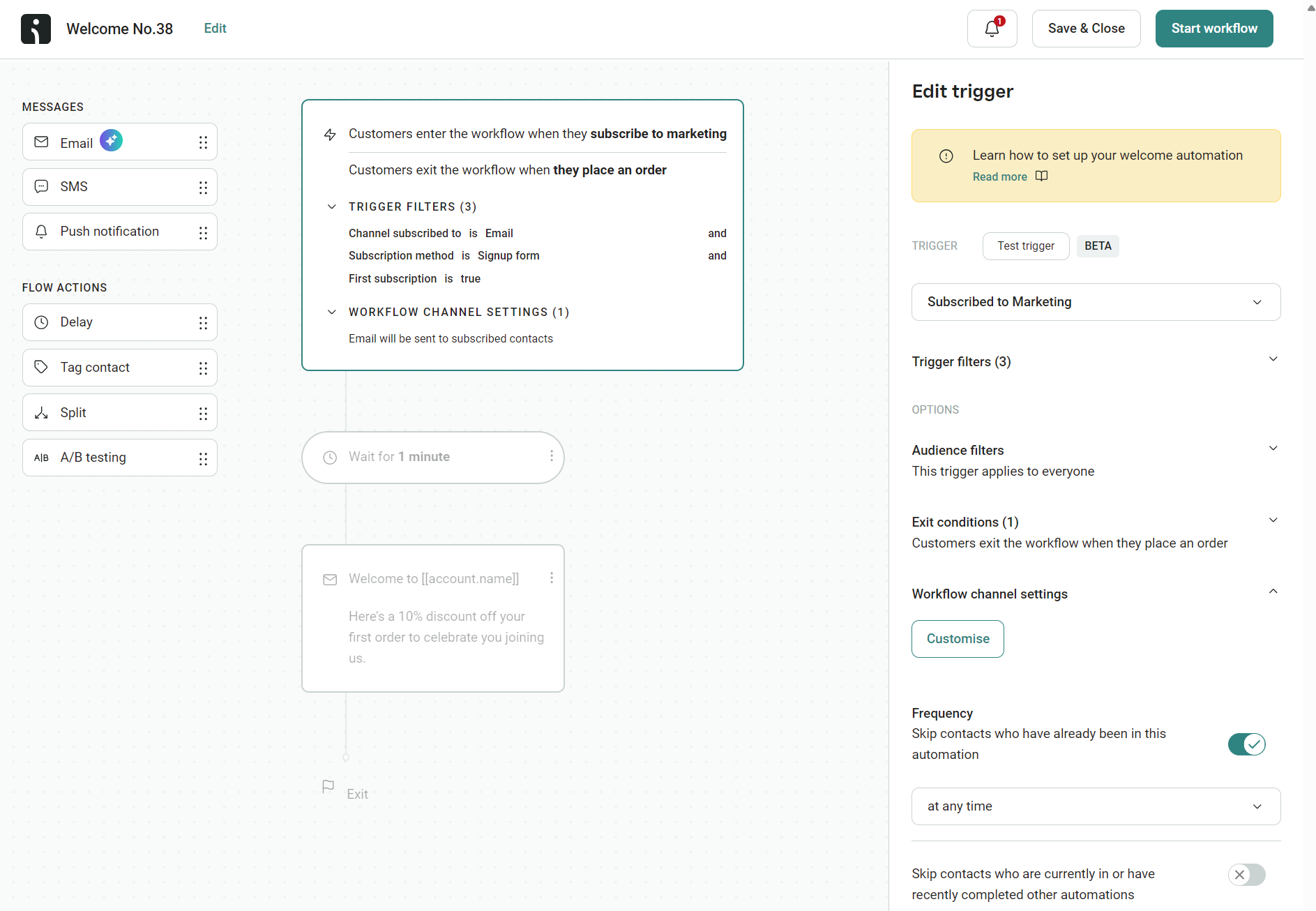 Email automation templates: A workflow automation dashboard for setting up a welcome email trigger. The screen displays message options on the left, workflow and trigger details in the center, and editable trigger settings on the right.
