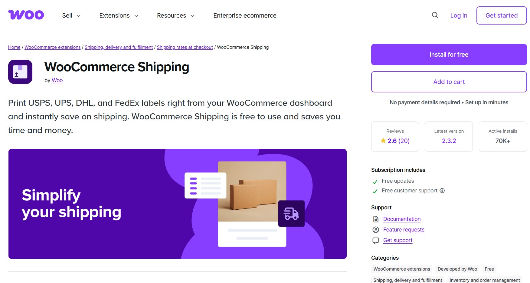 WooCommerce vs. Shopify: Screenshot of the WooCommerce Shipping webpage, featuring a purple banner with a cardboard box illustration, buttons to install the feature, user ratings, support options, and product details on the right side.