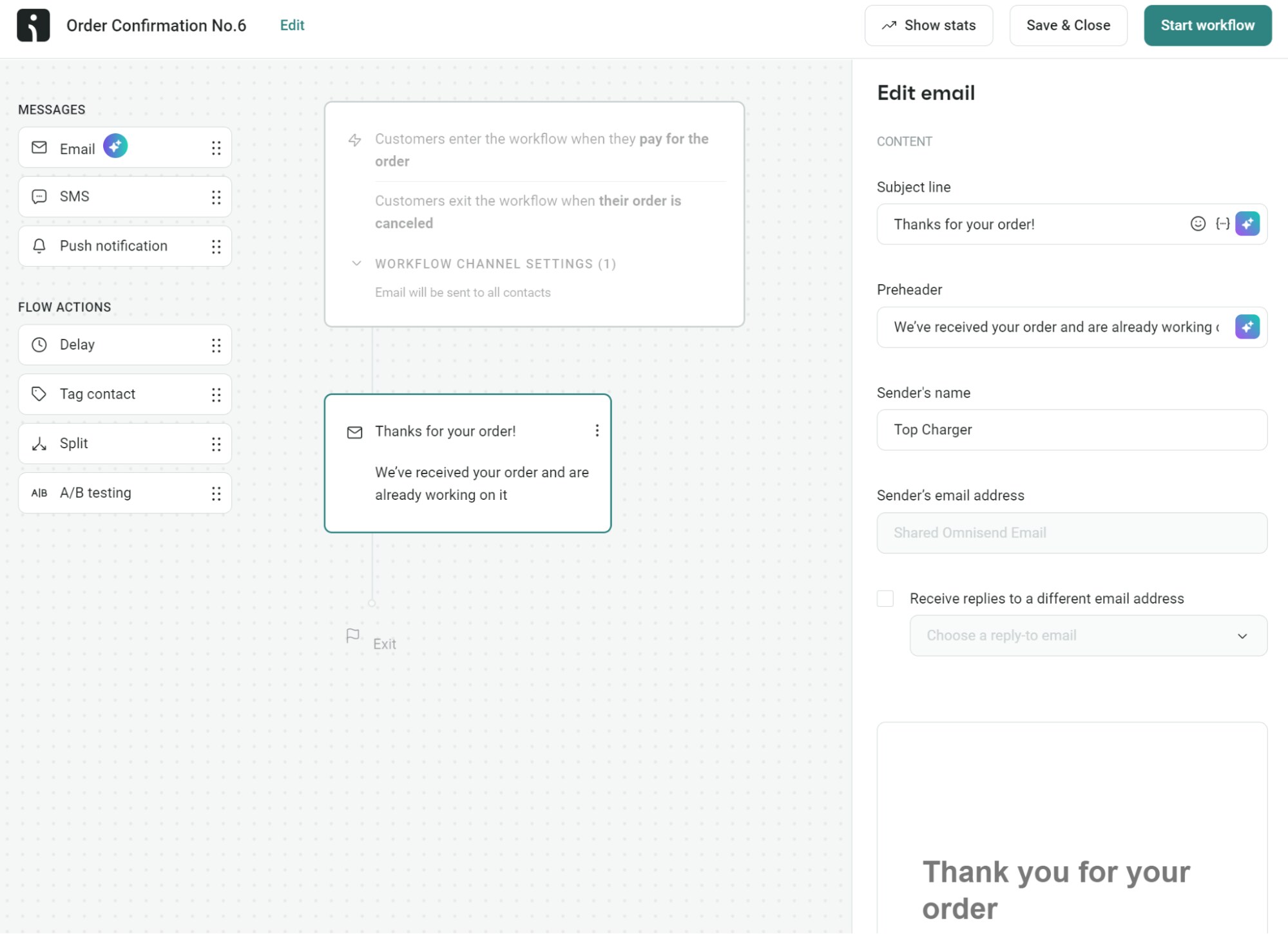 WooCommerce order confirmation email: A workflow editor interface titled Order Confirmation No.6 shows steps for sending an email, SMS, and push notification. An email draft on the right says Thanks for your order! We’ve received your order and are already working on it.