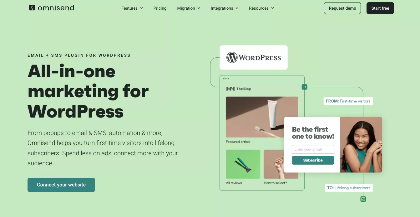 Link to an email in WordPress: Screenshot of Omnisends website promoting its all-in-one marketing plugin for WordPress. The page features a headline, a WordPress logo, mockups of emails, and a blue “Connect your website” button on a green background.