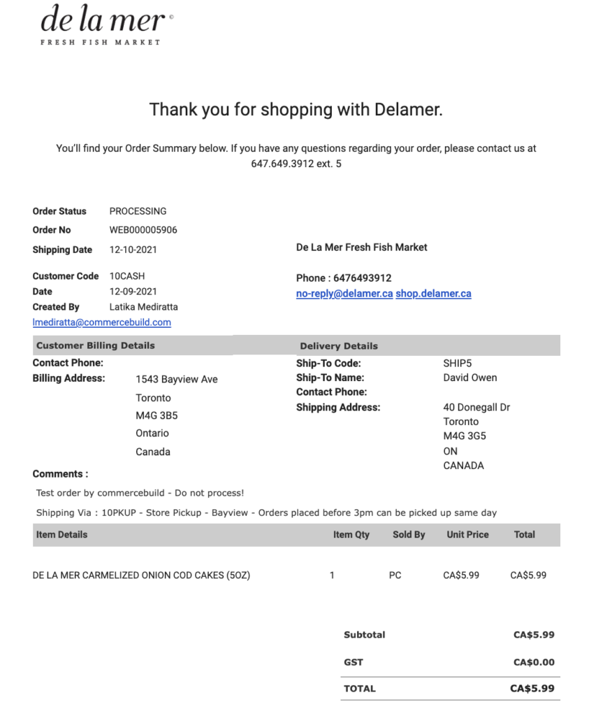 Digital marketing platforms: Screenshot of an online order summary from De La Mer Fresh Fish Market, showing one item purchased—Carmelized Onion Cod Cakes—with buyer and shipping information, pricing, and order details.