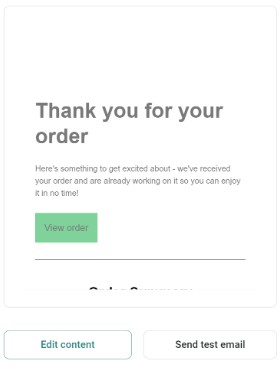 WooCommerce order confirmation email: Screenshot of an order confirmation page displaying a message: Thank you for your order, a note about the order being processed, a green View order button, and options to edit content or send a test email.