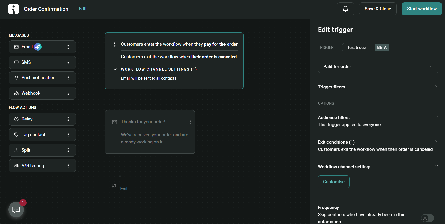 Digital marketing platforms: A dark-themed interface shows an order confirmation workflow with trigger settings for Paid for order. Workflow steps include email and delay, and a sidebar allows customization of filters and conditions.