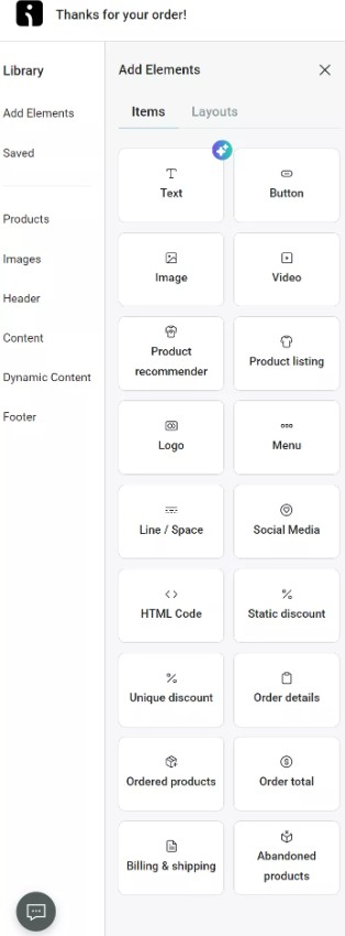 WooCommerce order confirmation email: Screenshot of a website builders Add Elements menu, displaying options like Text, Button, Image, Video, Product recommender, Logo, Social Media, Order details, Billing & shipping, and more in a grid layout.