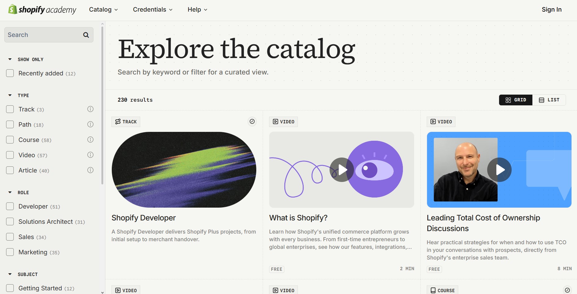 WooCommerce vs. Shopify: Shopify Academy catalog page showing a search bar, video course filters on the left, and three course cards with thumbnails, titles, and instructors in the main area.