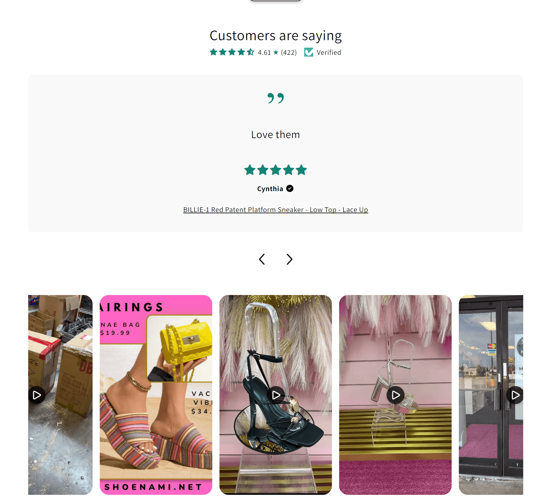 Testimonial advertising: A customer review section with a 4.6-star rating, a quote saying Love them by Cynthia, and five images below showing colorful shoes and accessories on display.