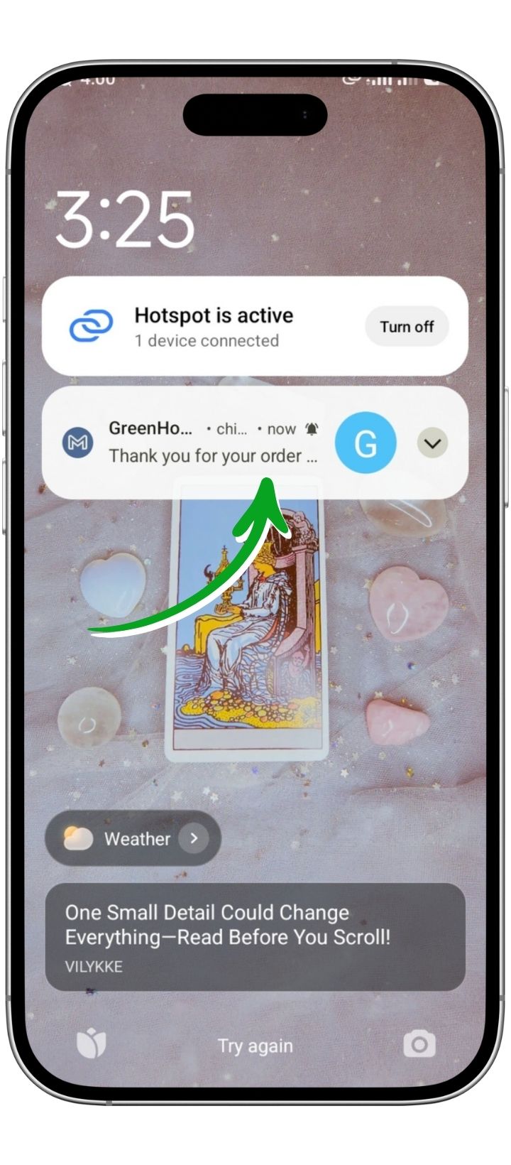 Thank you for your order: A smartphone lock screen displays notifications over a background image of a tarot card and heart-shaped stones. Notable notifications include a hotspot active alert and a thank you for your order message.