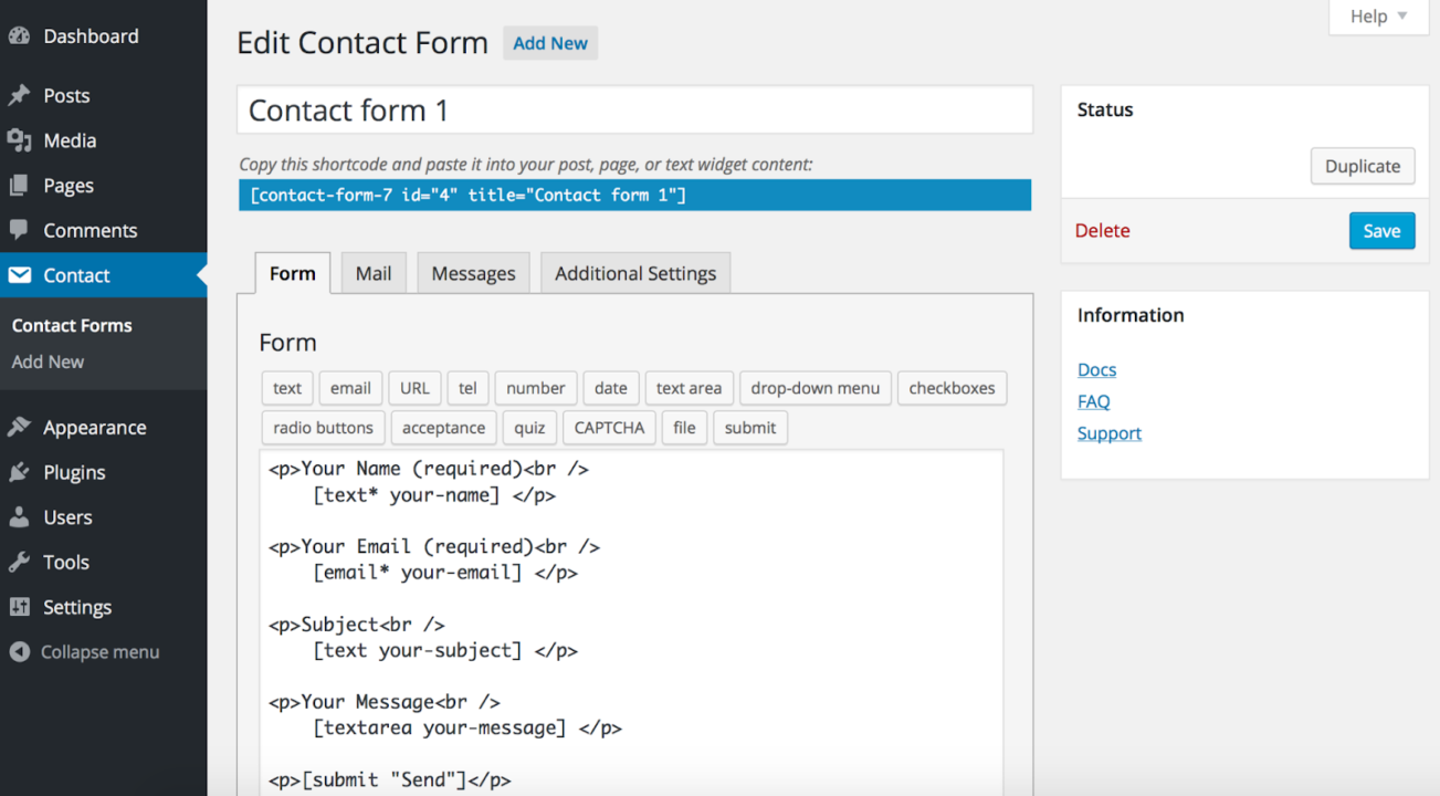 Link to an email in WordPress: Contact Form 7 settings panel in WordPress.