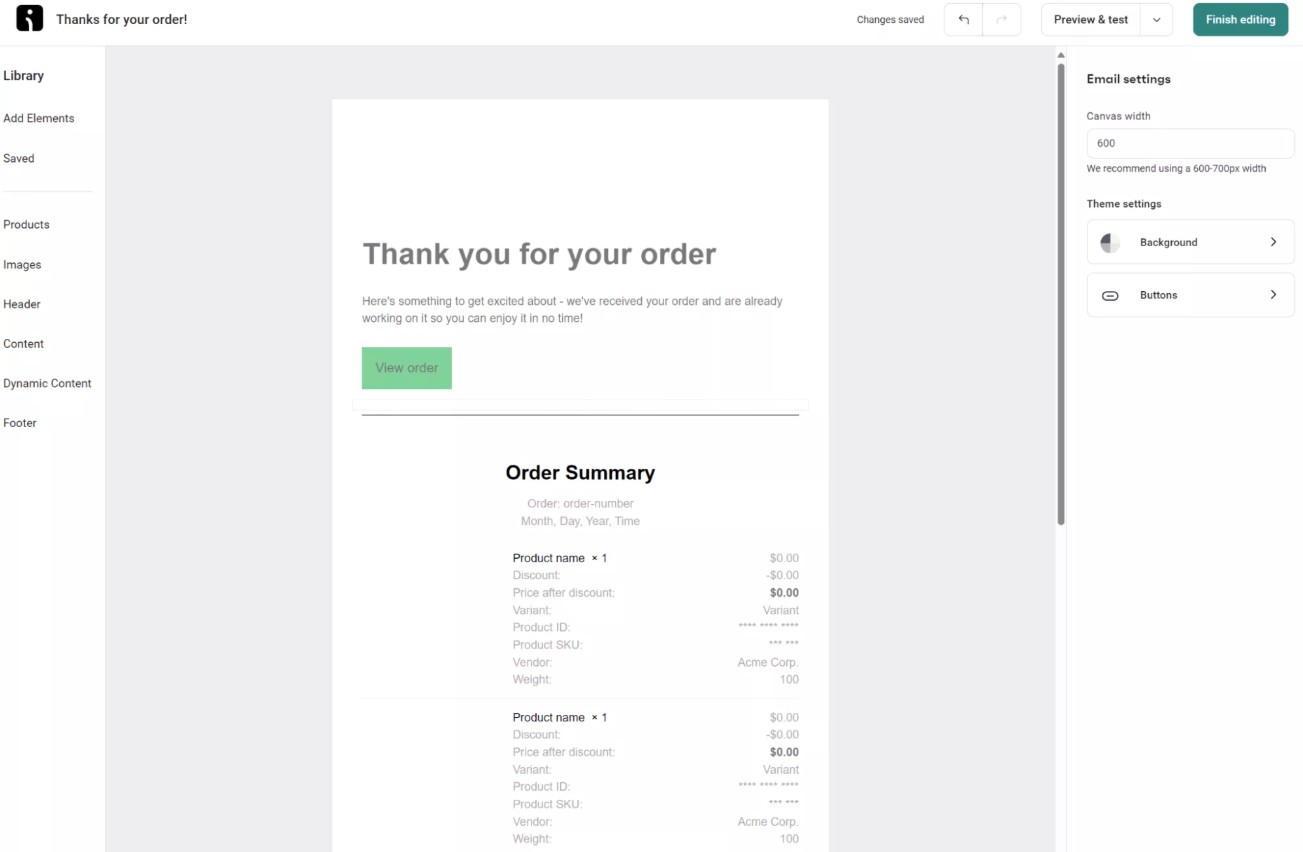WooCommerce order confirmation email: A computer screen displays an email editor with a Thank you for your order confirmation email template, including a green View order button and an order summary with product details. Editing options appear on the sides.