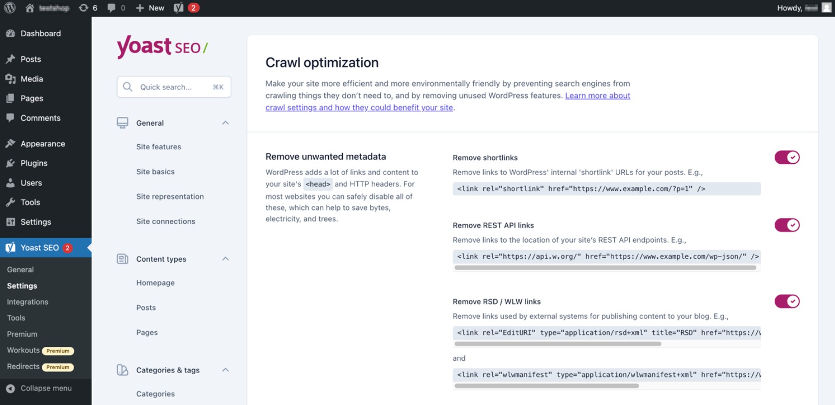 WooCommerce vs. Shopify: A screenshot of the Crawl Optimization section in Yoast SEO settings on a WordPress dashboard, showing options to remove unwanted metadata like shortlinks, REST API links, and RSD/WLW manifest links.