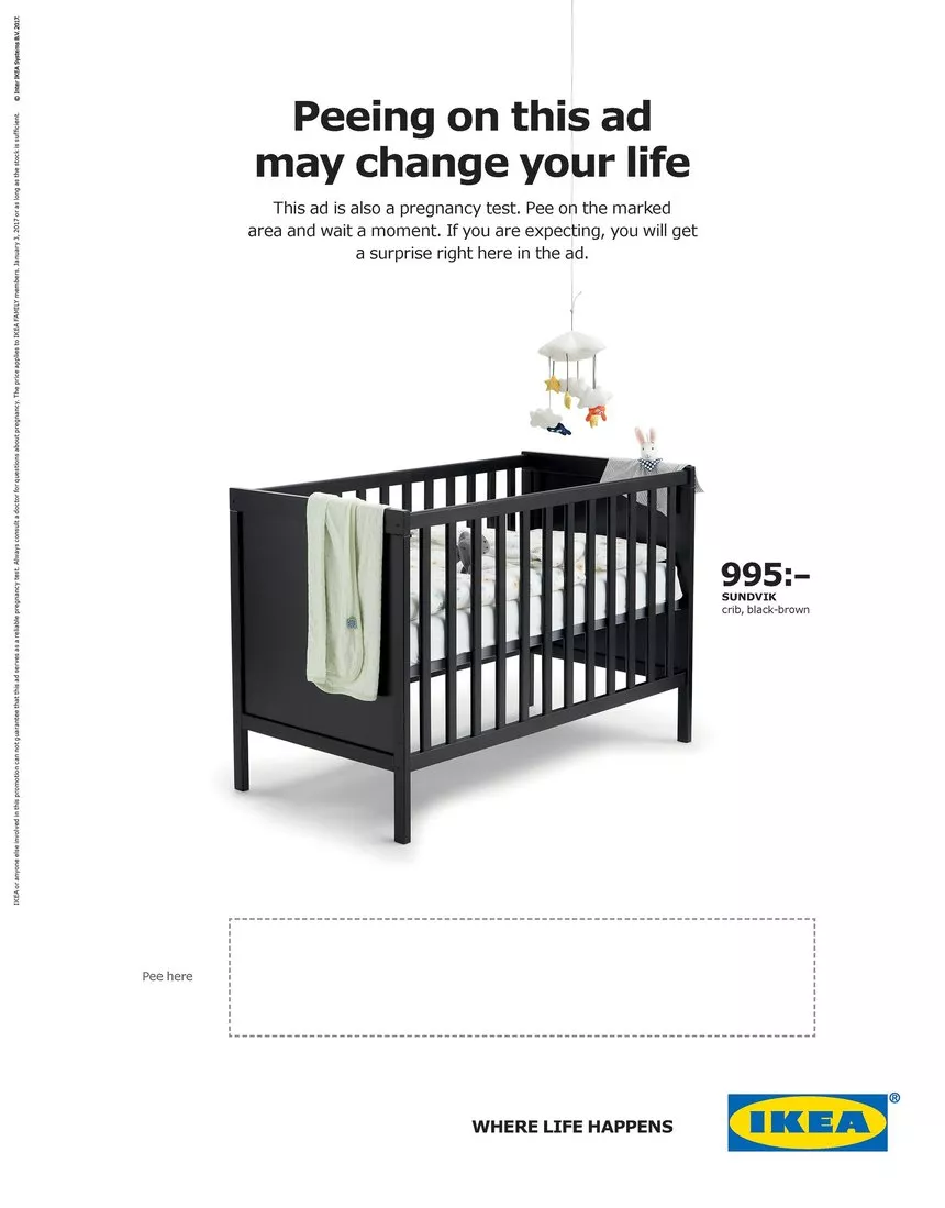 Guerilla marketing: An IKEA ad features a black crib and text inviting viewers to pee on a marked area at the bottom, serving as a pregnancy test. The price, product name, and IKEA logo appear on a white background.
