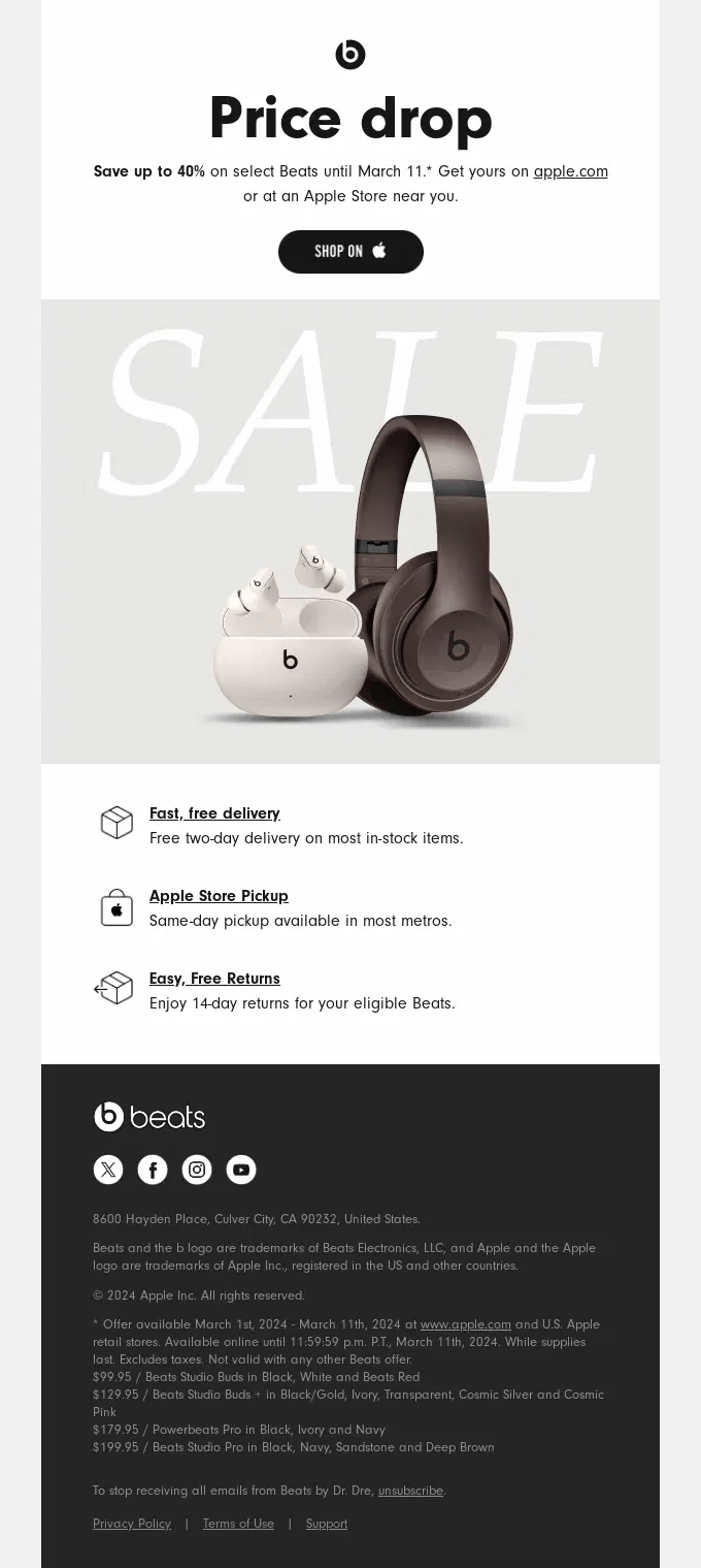 Electronics email marketing: Promotional email for Beats headphones showing black over-ear headphones and a white wireless earbuds case on a SALE background. Text highlights a price drop, offer details, and free shipping, pickup, and returns.