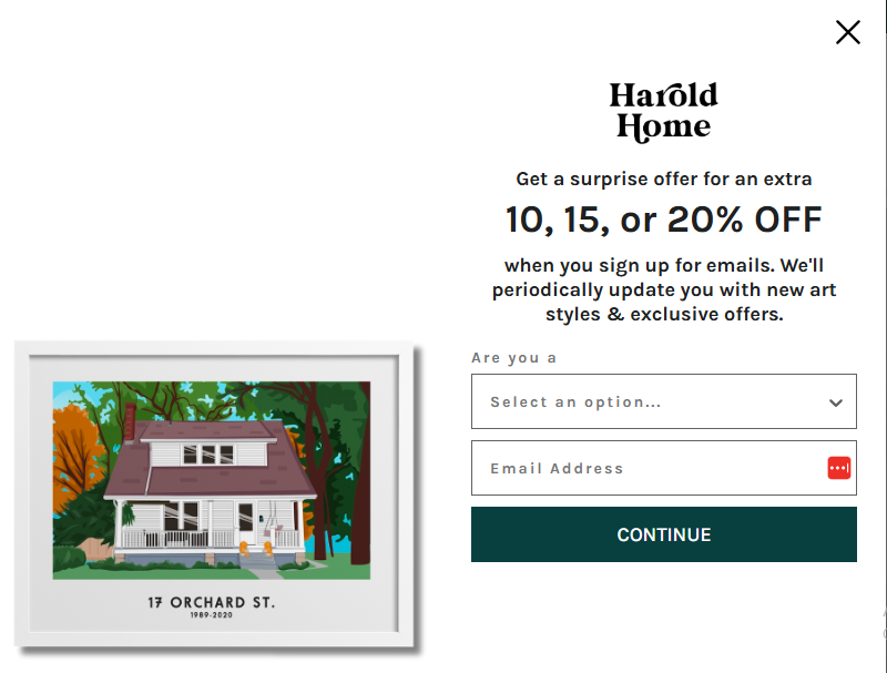 SMS opt-in message examples: A pop-up for Harold Home offers a surprise discount of 10%, 15%, or 20% for signing up for emails. On the left is an illustrated framed house, and on the right is a sign-up form for selecting options and entering an email.