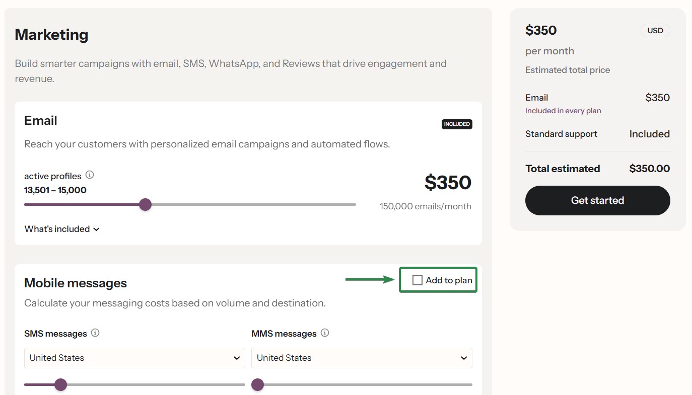 Klaviyo's pricing page — email pricing scales steeply before SMS flows get included.