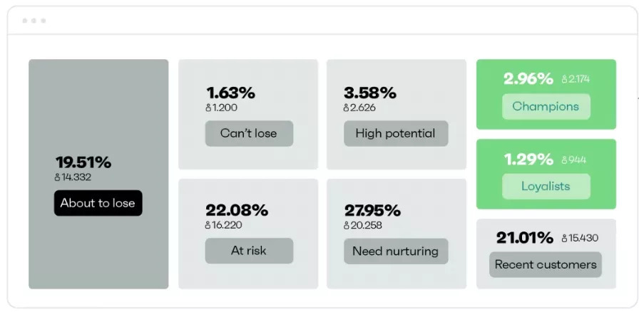 Customer lifecycle software: Dashboard showing customer segment percentages: About to lose at 19.51%, Cant lose 1.63%, High potential 3.58%, Champions 2.96%, Loyalists 1.29%, At risk 22.08%, Need nurturing 27.95%, Recent customers 21.01%.