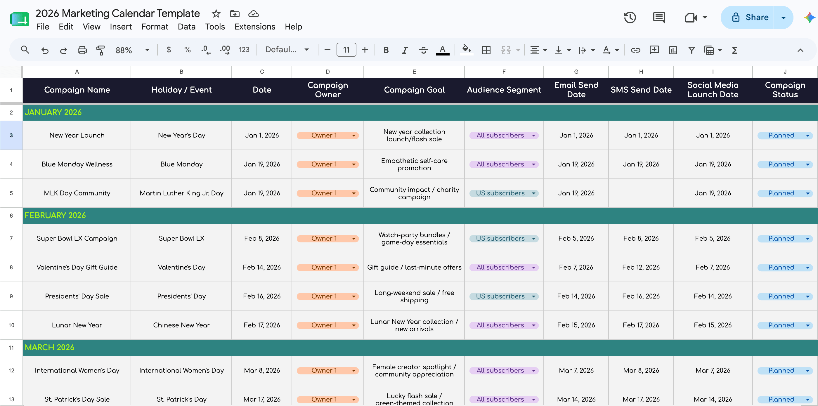 Email marketing calendar: A marketing calendar spreadsheet for 2026 is shown, listing campaigns by month with columns for event, date, campaign owner, goal, audience segment, campaign start/end dates, and status for SMS and social media launches.
