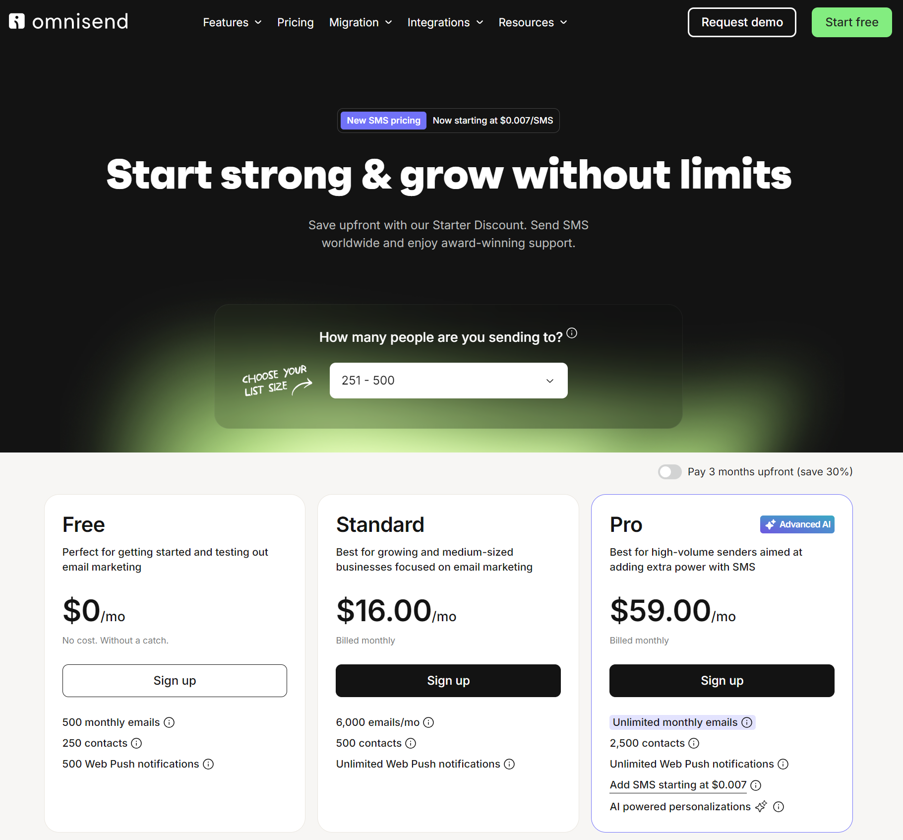 Cheaper than Klaviyo: Screenshot of Omnisend’s pricing page showing Free, Standard ($16/month), and Pro ($59/month) plans for SMS and email marketing, with features like email limits, SMS credits, and push notifications. “Start strong & grow without limits” is the headline.