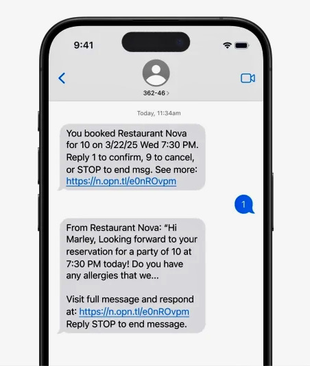 SMS marketing for restaurants: A smartphone screen displays text messages confirming a restaurant reservation for 10 people at 7:30 PM on March 22, 2025, with options to confirm, cancel, or get more info via a provided link.