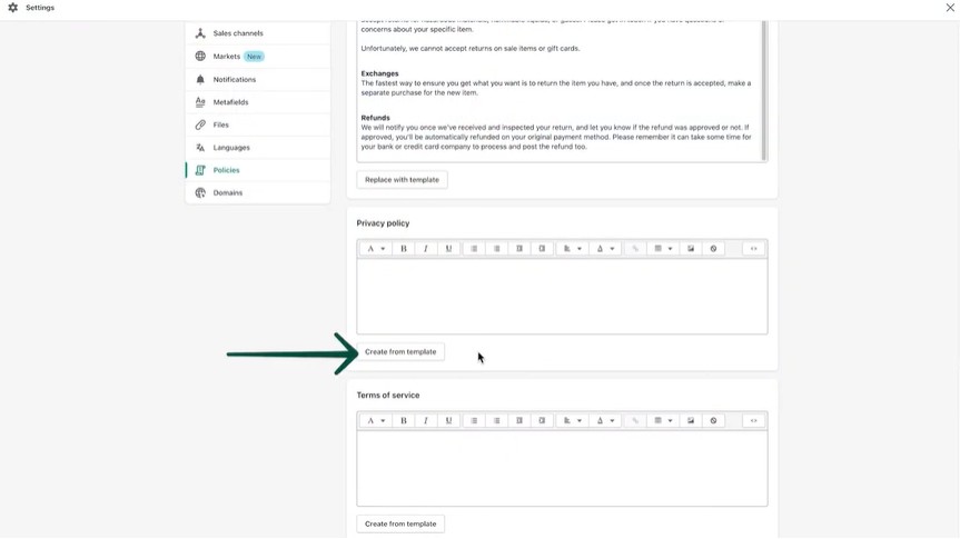 SMS privacy policy template: A computer screen shows a settings page with sections for privacy policy and terms of service. A large green arrow points to a Create from template button below the privacy policy text box.