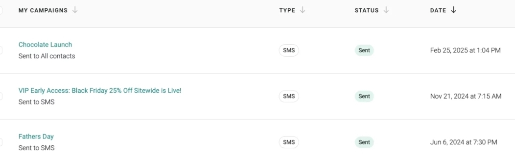 SMS analytics: A dashboard lists three SMS campaigns: Chocolate Launch, VIP Early Access: Black Friday 25% Off, and Fathers Day, all marked as sent, with their respective dates and times displayed.