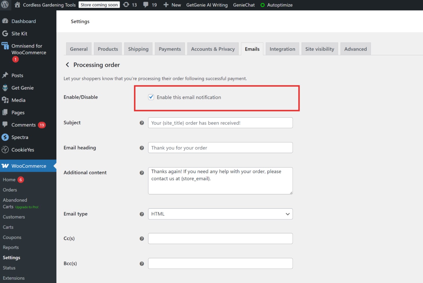 WooCommerce order confirmation email: A WordPress WooCommerce settings page for processing order emails. The Enable this email notification box is checked, and fields for subject, heading, additional content, and email type are visible.