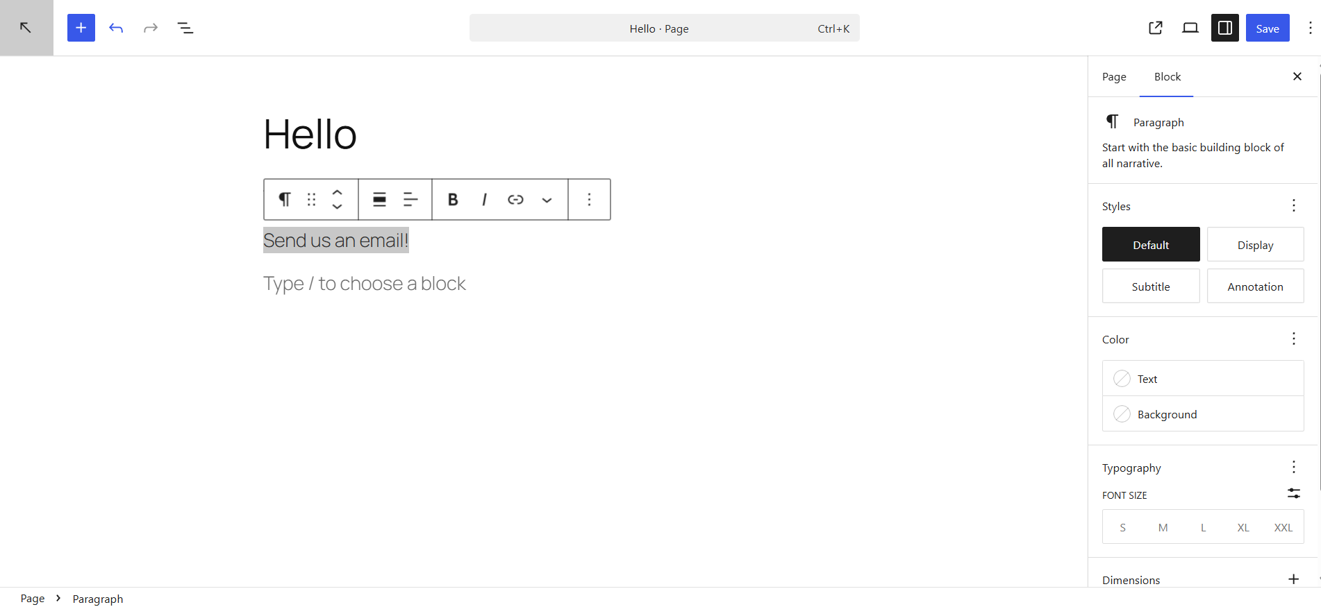 Link to an email in WordPress: Step 1: Select text in WordPress Gutenberg editor to add email link