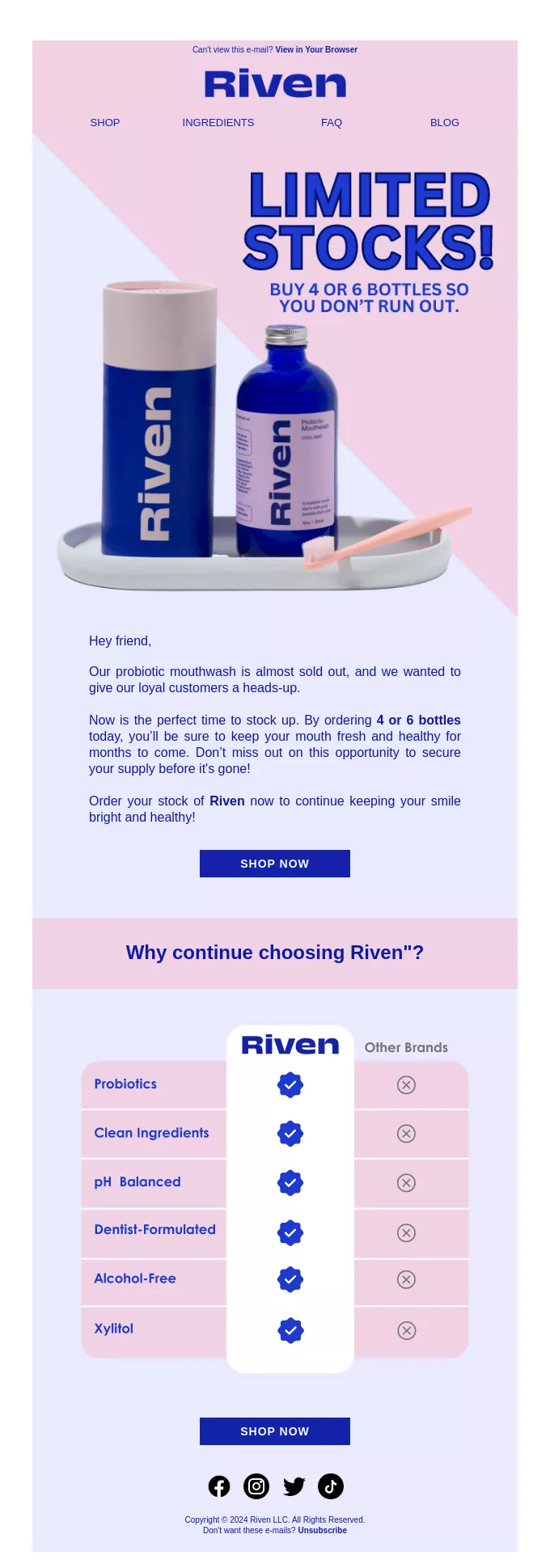 Lifecycle email marketing: A promotional email for Riven mouthwash shows two Riven bottles and a toothbrush on a tray. Text highlights limited stock and reasons to choose Riven, with a comparison chart and shop buttons on a purple background.