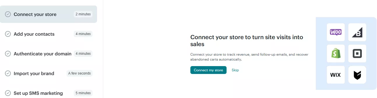 ConvertKit vs Mailchimp: A setup dashboard shows steps like connecting a store, adding contacts, and authenticating a domain. On the right, there’s a prompt to connect a store with icons for WooCommerce, Shopify, Wix, and others.