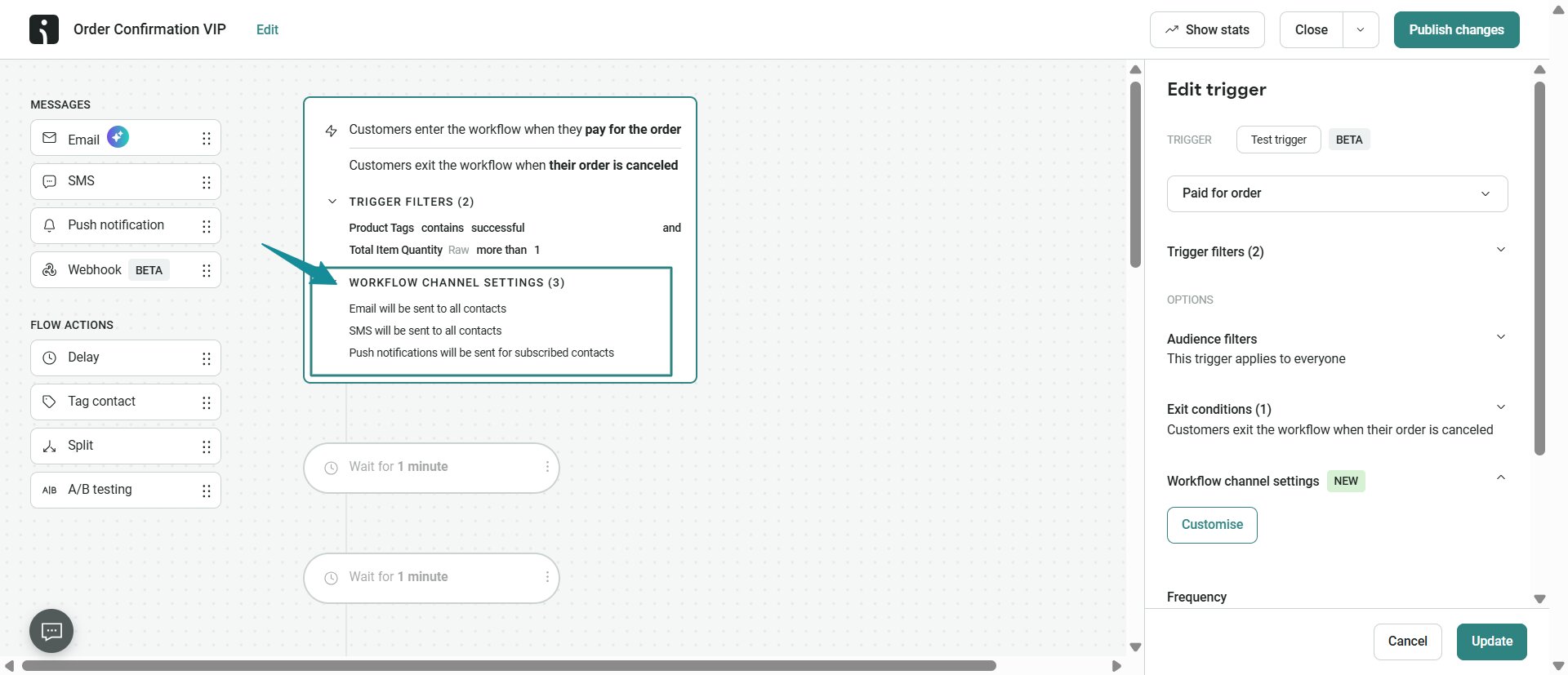 Omnichannel vs. multichannel: A workflow automation dashboard showing trigger settings for order confirmation, with options for email, SMS, push notifications, and webhooks. The right panel displays settings for the Paid for order trigger.