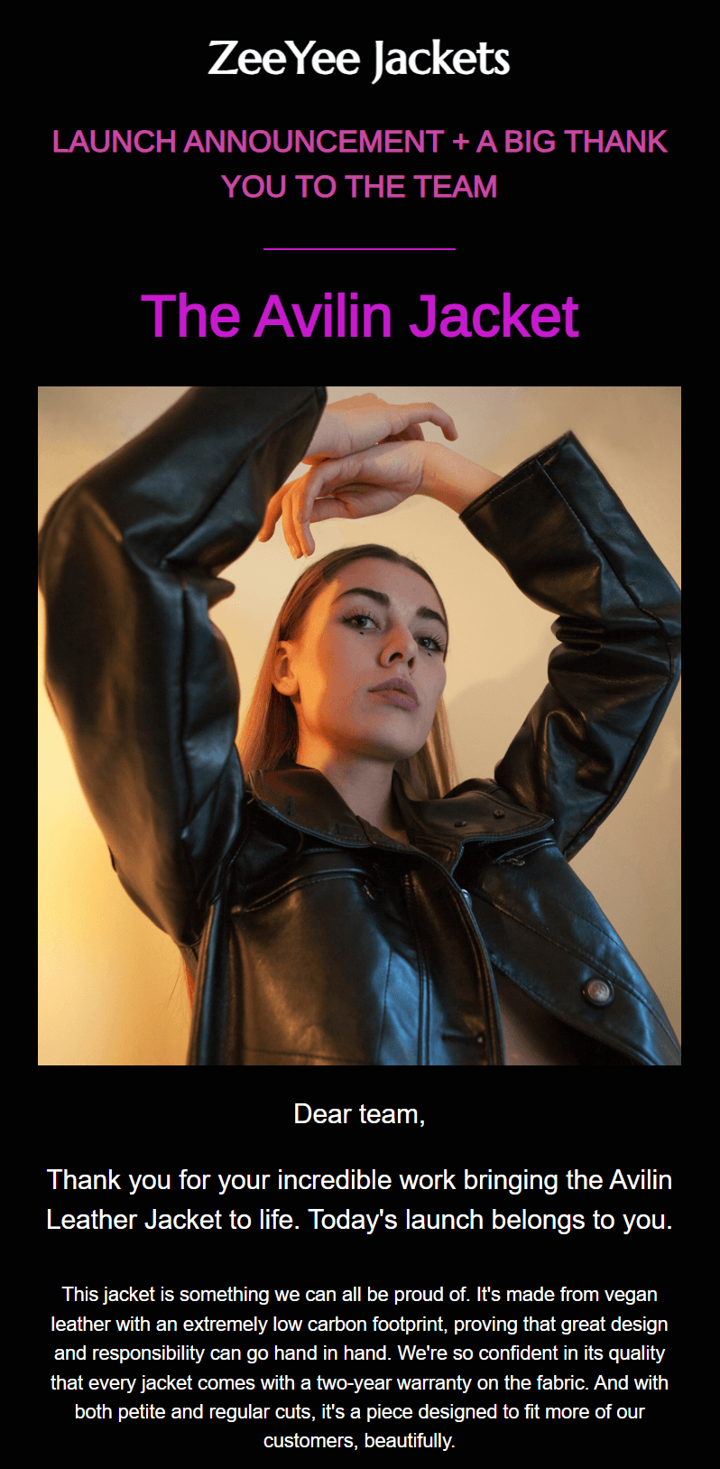 Company newsletter: A stylish woman in a light brown leather jacket poses confidently with her hands above her head. The image is part of a newsletter announcing the launch of the Avilin Jacket by ZeeYee Jackets, thanking the team for their efforts.