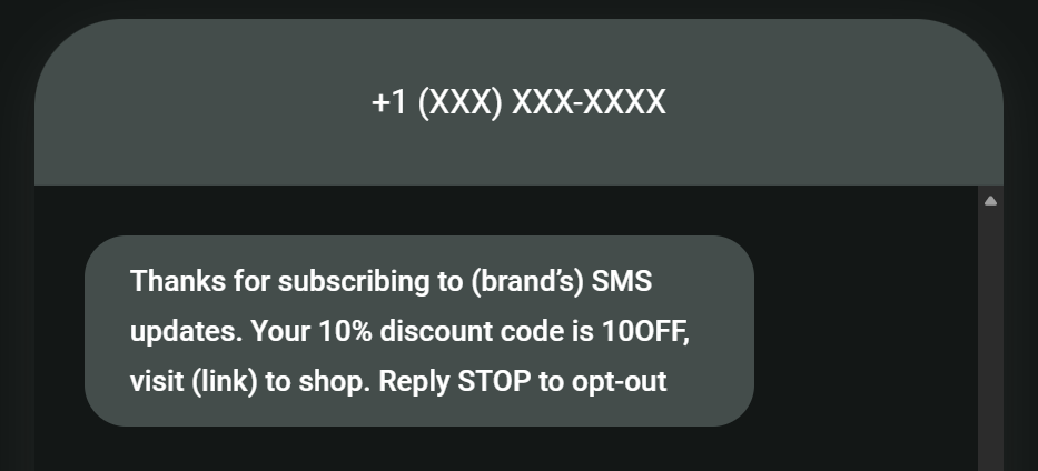 Promotional SMS examples: A text message from a business offers a 10% discount code 10OFF for subscribing to SMS updates, includes a link to shop, and instructions to reply STOP to opt out.
