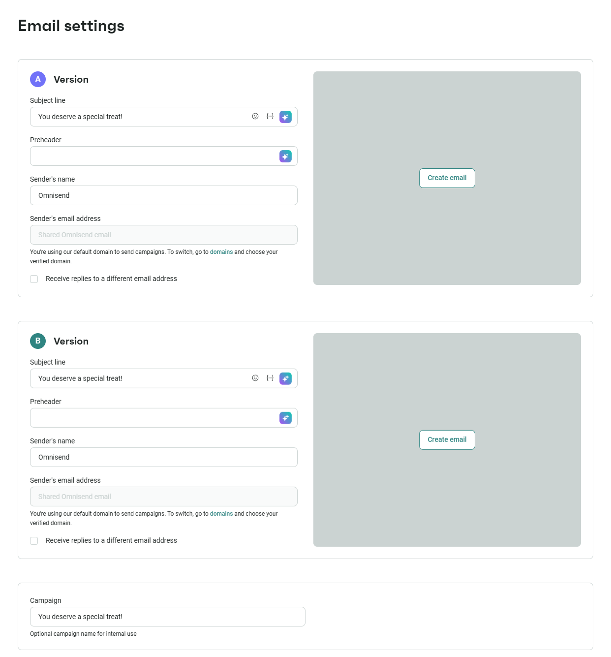 Ecommerce A/B testing ideas: Omnisend email A/B testing setup showing subject line, sender name, and content testing options