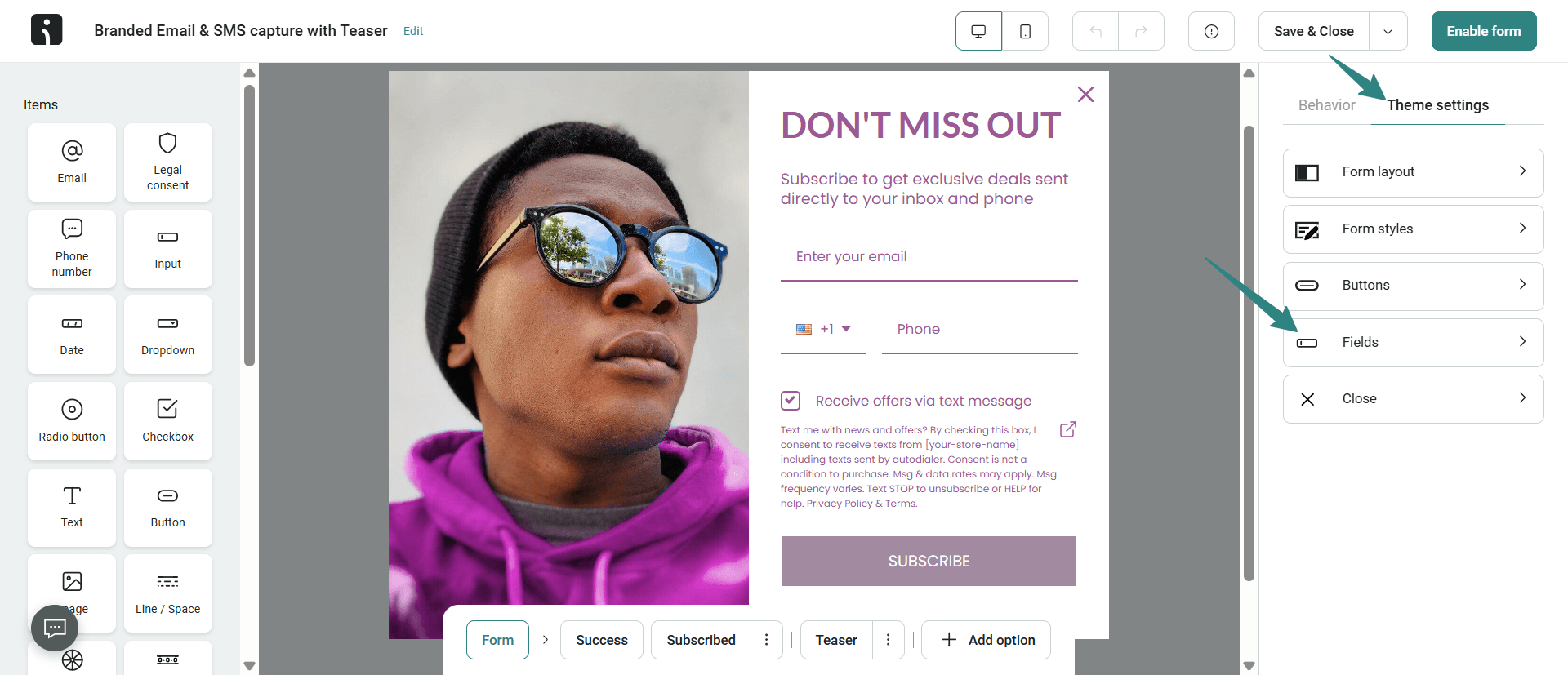 SMS lead generation: A screenshot of an email and SMS capture form editor, showing a preview of a subscription popup with a mans photo, input fields for name and phone, and customization options on the right sidebar.