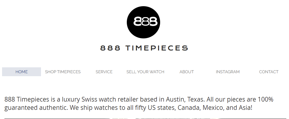Wix stores examples: 888 Timepieces home page