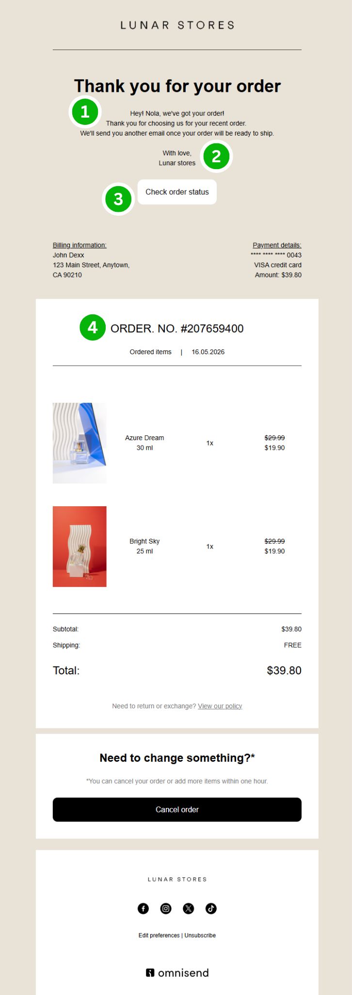 Thank you for your order: Order confirmation email from Lunar Stores showing order status, shipping and payment details, and a summary of purchased items: a glass and a vase, with costs and a total of $39.80. Options to check or change the order.