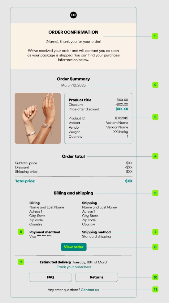 WooCommerce order confirmation email: Screenshot of an order confirmation page showing order summary with product details, images of jewelry, order total, billing and shipping addresses, payment method, estimated delivery date, and customer service links.