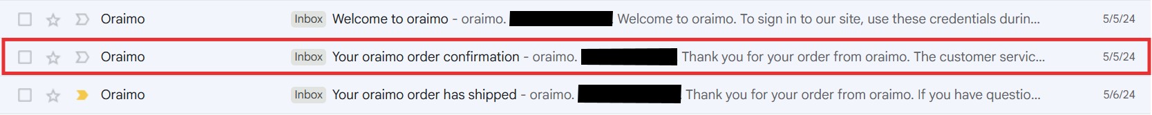 WooCommerce order confirmation email: A screenshot of an email inbox showing three emails from “Craimo,” with the middle email, titled “Your craimo order confirmation,” highlighted by a red box. Some email details are blacked out for privacy.