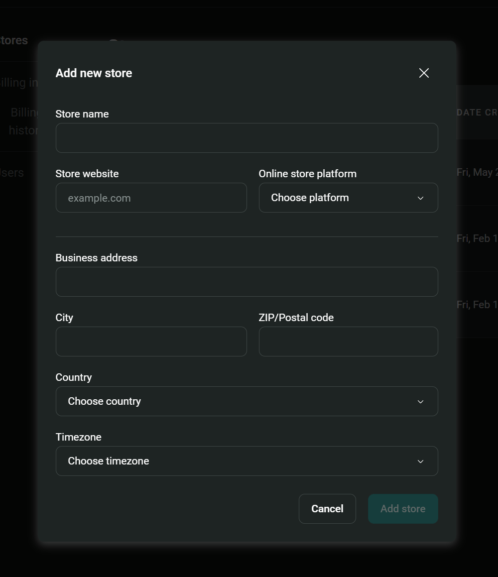 Promotional SMS examples: Omnisend's form titled Add new store showing input fields for store name, website, platform, business address, city, ZIP/postal code, country, and timezone, with Cancel and Add store buttons at the bottom.